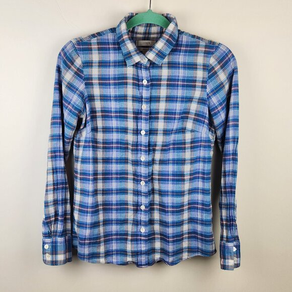 J. Crew Blue Plaid Perfect Lightweight Cotton Button Up Shirt sz 2 - Picture 1 of 8